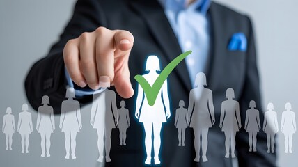 Candidate Selection and Recruitment Hand Pointing to Glowing Female Icon with Checkmark Surrounded by Silhouette Figures for HR and Job Placement