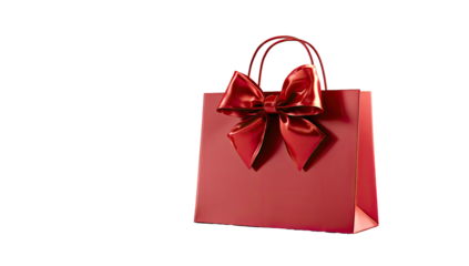 Glossy red gift bag with a large ribbon bow against a black background