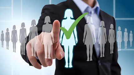 Candidate Selection and Recruitment Hand Pointing to Glowing Female Icon with Checkmark Surrounded by Silhouette Figures for HR and Job Placement