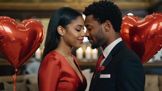 Elegant adult black couple celebrating valentine's day on a romantic date. Man and woman in formal wear sharing an intimate moment with red heart shaped balloons