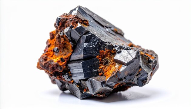 Dark metallic mineral with orange-brown crystalline structure, sharp angular faces, geological specimen.