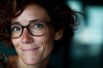 portrait of the face of a woman with glasses, smile