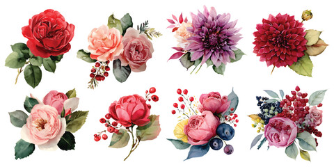 Watercolor floral arrangements bouquets set, red pink roses, dahlia, and berries isolated on transparent background