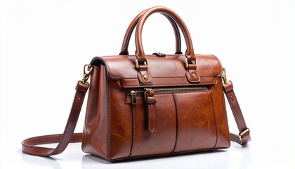 Brown leather handbag with gold hardware, structured rectangular design, dual handles and strap.