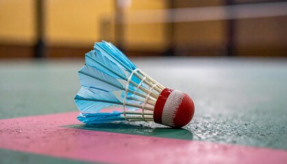 Badminton shuttlecock with red base and blue feathers on green court.