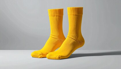Bright yellow crew socks with ribbed texture on gray background.