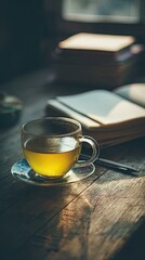 Golden Light Tea Cup On Wooden Table With Books