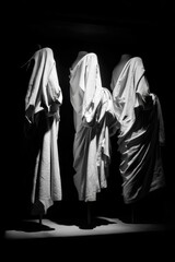 Three Ancient Sculptures In Dark Museum Display