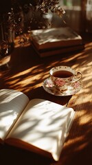 Elegant Tea Cup And Open Book On Wooden Table