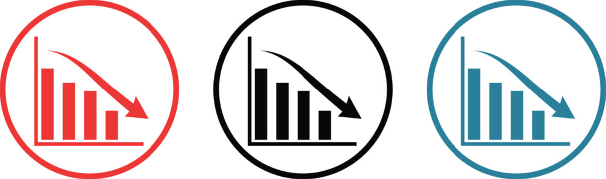 Three downward trending bar chart in red black and blue circles graph down arrow