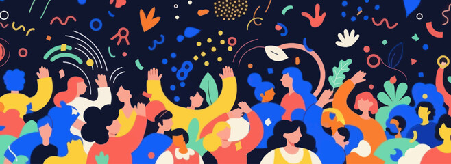 Diverse Crowd Celebrating with Colorful Abstract Shapes and Confetti