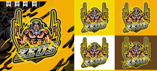 Powerful zeus mascot logo design for e-sports gaming emblem thunder god with lightning yellow modern concept style badges. Perfect for e-sports teams, gaming clans, branding, apparel, or merchandise.