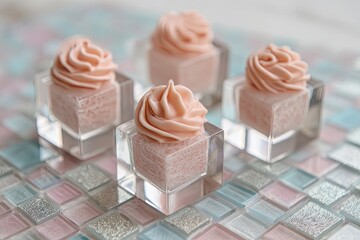 Delicate Pink Cupcakes In Miniature Crystal Holders On Mosaic Tile