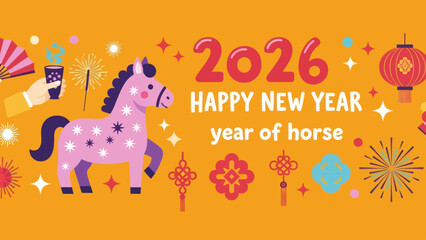 Naklejka premium Happy New Year 2026 Year of the Horse Celebration with Horse and Lanterns