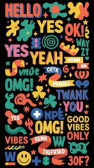 Fototapeta premium Colorful Retro Typography and Abstract Shapes Sticker Pack