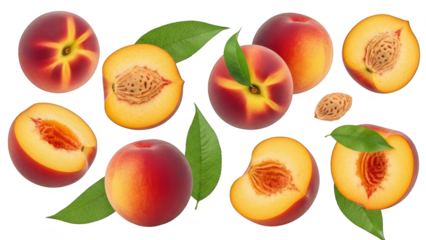 Fresh Peaches Collection Whole Halved Leaves And Pit Isolated