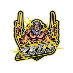 Powerful zeus mascot logo design for e-sports gaming emblem thunder god with lightning yellow modern concept style badges. Perfect for e-sports teams, gaming clans, branding, apparel, or merchandise.