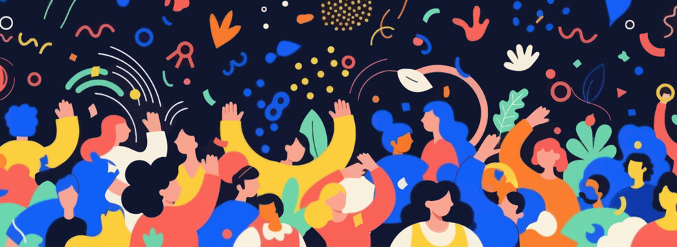 Diverse Crowd Celebrating with Colorful Abstract Shapes and Confetti