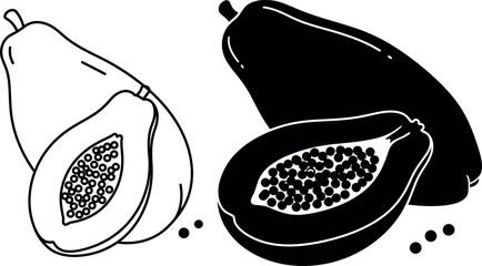 Papaya fruit icon set featuring silhouette and line art illustrations