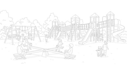 Fototapeta premium Children Playing on Playground Equipment: Swings Slides and See-Saw.
