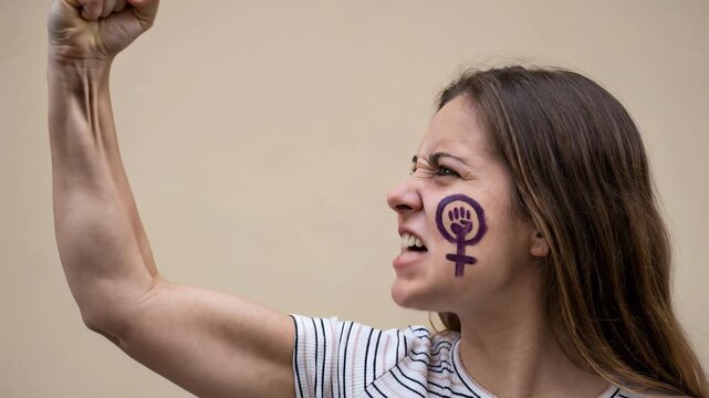 Angry young woman raising fist with feminist symbol painted on face for women rights defense.
