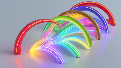Colorful neon arcs glow and curve upward in a soft gray studio, each arc emitting a bright, rainbow-tinted trail, HD and 4K image