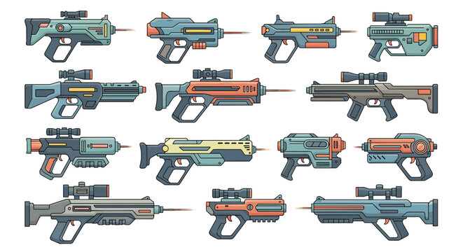 Diverse collection of futuristic sci-fi laser blasters and rifles with colorful accents for video game weapon assets or concept art.