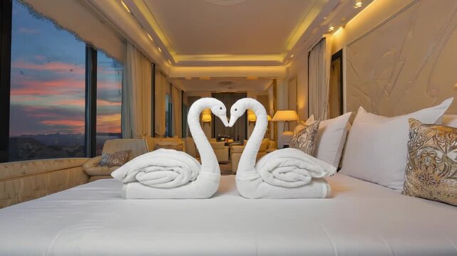 Two white towel swans forming a heart shape on a bed in a luxury hotel room. Romantic welcome decoration for a honeymoon suite with a beautiful sunset view from the window