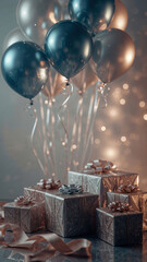 Elegant silver gift boxes with metallic balloons and festive bokeh lights in the background