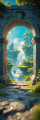 Ancient stone archway overlooking a serene fantasy landscape with floating islands and lush greenery