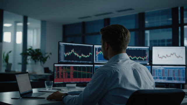 Businessman Analyzing Stock Market Data on Multiple Monitors in Modern Office at Night
