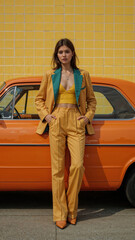 Stylish woman in yellow suit standing by vintage orange car against yellow tiled wall