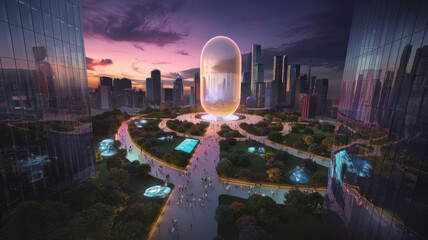 Futuristic cityscape with glowing capsule-shaped structure in a modern urban park at sunset, surrounded by skyscrapers and advanced technology elements