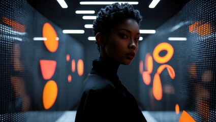 Woman in futuristic corridor with glowing orange abstract shapes and neon lighting, modern sci-fi atmosphere
