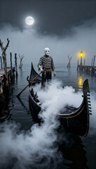 Mysterious figure in a striped costume and mask standing on a gondola surrounded by fog under a full moon