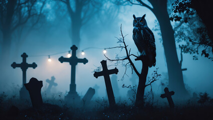 Mysterious owl perched on a branch in a foggy graveyard with crosses and glowing lights at night