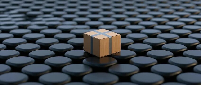 Small cardboard shipping box sealed with tape standing among many dark circular objects