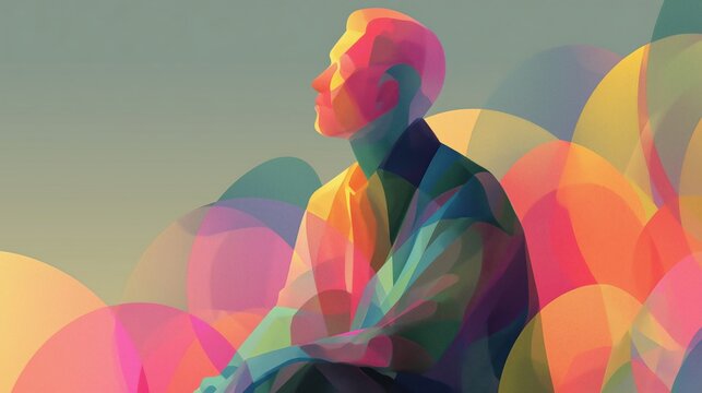 A serene man sits contemplatively, his form infused with a vibrant tapestry of swirling, abstract, and colorful wave patterns, symbolizing inner peace, creativity, and spiritual growth.