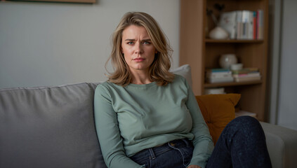 Thoughtful woman sitting on a couch in a cozy living room, expressing concern and introspection about mental health