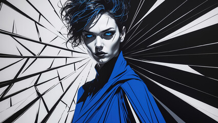 Stylized portrait of a woman with intense gaze in blue attire and abstract black and white geometric background