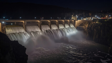 Illuminated hydroelectric dam with cascading water at night surrounded by rocky terrain