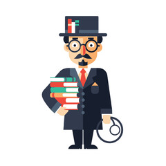 A distinguished gentleman holding a stack of books.