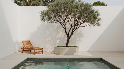Minimalist outdoor patio with a wooden lounge chair, potted tree, and swimming pool against white walls
