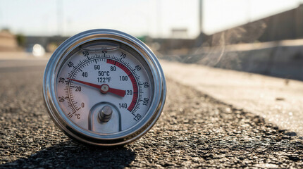 Thermometer gauge on asphalt measuring high surface temperature in sunlight