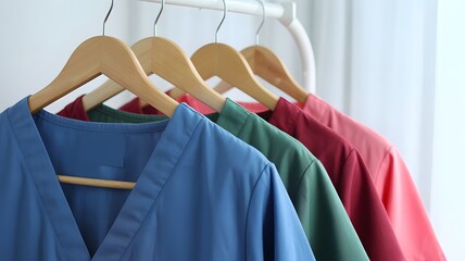 Colorful scrubs hanging on wooden hangers symbolizing healthcare and medical professionals