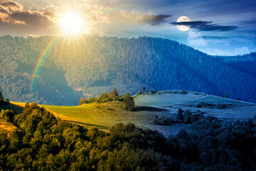 mountainous countryside landscape with rolling hills on summer solstice. day and night time change concept. rural area with sun and moon at twilight. beautiful view for equality and shift template