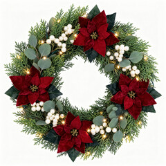 Festive Christmas wreath with red poinsettias, green foliage, white berries, and warm string lights on a white background