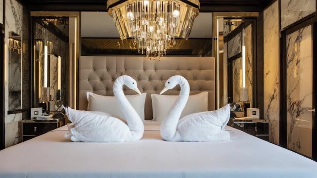 Romantic welcome decoration with two towel swans on a bed in a luxury hotel. Honeymoon suite interior design for a special getaway. Elegant bedroom with marble walls and a chandelier