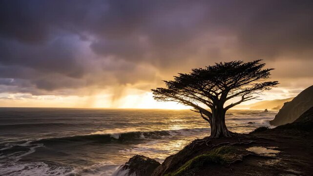 Lonely Tree on an Ocean Cliff with Sunlight Breaking Through Storm Clouds