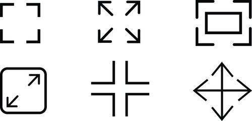 Set of minimalist black outline icons for screen focus, full screen, scale, and cross hair navigation isolated on white. © Tasim